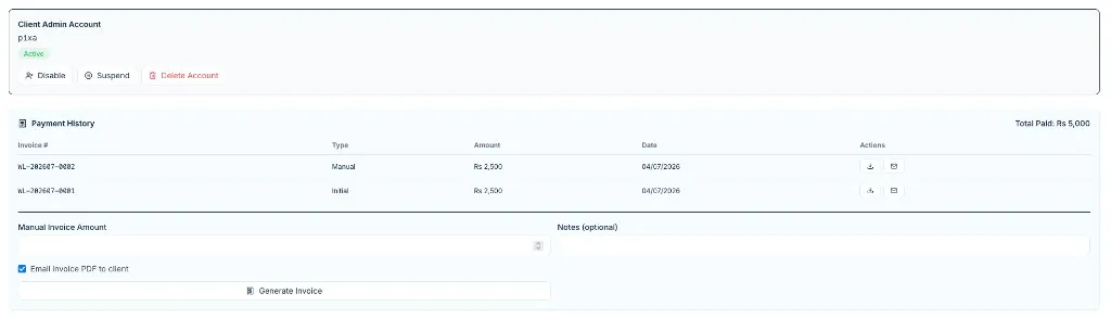 Manual client billing and payment records without integrated ERP